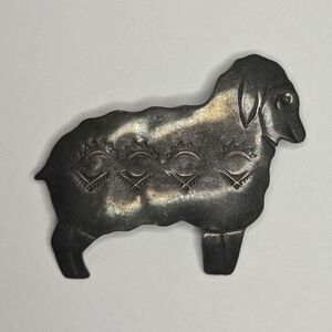 Vintage Silver Tone Embossed Sheep Brooch Pin Stamp Design Metal Relief Farm